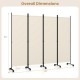 4-panel room divider in beige with lockable wheels, measuring 68" high and 89" wide, ideal for privacy and decoration.