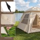 Close-up of the 4-person camping tent showing stable folding poles, wind ropes, and ground stakes for secure setup.