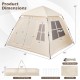 4-person camping tent with automatic setup, rainfly, and dual doors, featuring breathable mesh windows for ventilation.