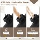 Fillable umbrella base plates showing water, sand, and combined filling options for 164 lbs stability and safety.