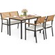 4-piece patio dining set featuring acacia wood table and chairs with white cushions, perfect for outdoor gatherings.