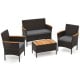 4-piece patio wicker sofa set featuring 2 rattan chairs, loveseat, and acacia wood coffee table in grey for outdoor.