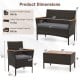 Detailed product dimensions of the 4 Piece Patio Wicker Sofa Set with rattan chairs and acacia wood tabletop.