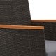 Close-up of the armrest and back of a grey patio wicker chair with acacia wood accents, perfect for outdoor relaxation.