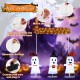 Three playful LED-lit ghosts with a "Happy Halloween" sign, perfect for outdoor decoration and easy to install.