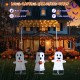 Four-piece Halloween decoration set featuring three LED-lit ghosts and a "Happy Halloween" sign for outdoor use.