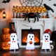 Close-up of a playful ghost decoration holding a pumpkin, illuminated by 40 cool white LEDs for festive Halloween fun.