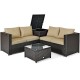 Sectional outdoor patio rattan furniture set with cushioned loveseat and storage box, ideal for garden or porch use.