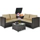 Brown outdoor patio rattan furniture set showcasing cushioned loveseat and stylish coffee table, perfect for outdoor.