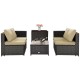 Outdoor patio rattan furniture set featuring cushioned loveseat and storage coffee table, ideal for garden relaxation.