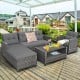 4-piece gray patio rattan furniture set with cushions and coffee table, perfect for outdoor relaxation and gatherings.