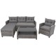 4-piece gray patio rattan furniture set with cushions, including a coffee table, ideal for outdoor relaxation.