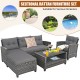 Sectional 4-piece patio rattan furniture set with gray cushions and table, perfect for backyard and poolside relaxation.