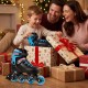Adjustable black inline skates for toddlers with light-up wheels, perfect for ages 5-7, shown with festive gifts.