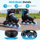 Adjustable black inline skates for toddlers with light-up wheels, featuring a sturdy shell and strong metal bracket for.
