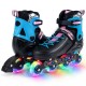 Adjustable black inline skates for kids with light-up wheels, featuring secure ankle support and breathable mesh lining.