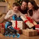 Kids inline skates with adjustable size and light-up wheels, perfect for ages 7-9, shown with festive holiday gifts.