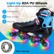 Adjustable black inline skates with light-up 82A PU wheels, designed for kids ages 7-9, promoting balance and.