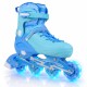 Blue adjustable inline skates for kids with glowing LED wheels, featuring a secure fit and shock-absorbing wheels.