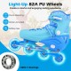 Adjustable blue inline skates for kids with light-up 82A PU wheels, featuring ABEC-7 bearings for smooth skating.