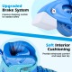 Close-up of the upgraded brake system on blue adjustable inline skates for kids, enhancing safety and control.