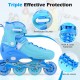 Adjustable blue inline skates for kids with LED wheels, reinforced buckles, and secure laces for safe skating.