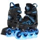 Adjustable youth roller skates in blue with light-up wheels, featuring safety straps and durable PU wheels for smooth.