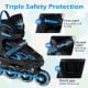 Adjustable roller skates in blue featuring light-up wheels and triple safety protection for youth skating.