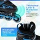 Adjustable blue roller skates with light-up wheels, featuring thickened liner, hardshell toe, and breathable material.