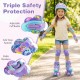 Kids roller skates in purple with light-up wheels, featuring adjustable cuff buckle and triple safety protection.