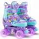 Adjustable kids roller skates in purple with light-up wheels, featuring colorful graffiti and triple safety protection.