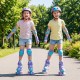 Kids wearing adjustable purple roller skates with light-up wheels and safety gear, enjoying a sunny day outdoors.