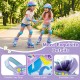 Adjustable kids roller skates in purple with light-up wheels, colorful graffiti, and breathable liner for comfort.