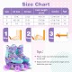 Dimension chart for adjustable kids roller skates in purple, showing size options and fitting tips for optimal use.