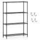 4-tier black metal storage shelving unit with adjustable shelves and removable hooks, ideal for organizing various.