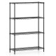 4-tier black metal storage shelving unit with adjustable shelves and V-shaped wire rack for organizing various spaces.