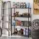 4-tier black metal storage shelving unit with adjustable shelves, ideal for garage organization and heavy-duty use.