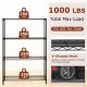 4-tier black metal storage shelving unit with V-shaped mesh design, 1000 lbs capacity, ideal for kitchen and garage.