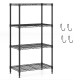 4-tier black metal storage shelving unit with adjustable shelves and removable hooks for versatile organization.