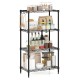 4-tier black metal storage shelving unit with adjustable shelves, ideal for organizing kitchen and pantry items.