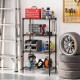 4-tier black metal storage shelving unit with adjustable shelves and V-shaped wire rack, ideal for garage organization.