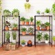 4-tier black metal storage shelving unit with V-shaped wire rack, ideal for organizing plants and maximizing space.