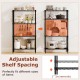 Close-up of adjustable shelf spacing on a 4-tier black metal storage shelving unit, perfect for various item sizes.