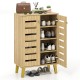 4-tier wooden shoe cabinet in oak with louvered doors, removable shelves, and spacious countertop for organized storage.