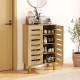 4-tier wooden shoe cabinet in oak with louvered doors, removable shelves, and spacious countertop for entryway.