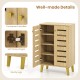 4-tier wooden shoe cabinet in oak with louvered doors, removable shelves, and sturdy legs for organized storage.