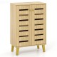 4-tier wooden shoe cabinet in oak with louvered doors, removable shelves, and yellow legs for stylish entryway storage.