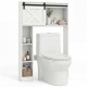 4-tier over the toilet storage cabinet in white with sliding barn door and shelves for organized bathroom storage.