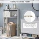 4-tier over-the-toilet storage cabinet in white with sliding barn door and anti-tipping device for secure organization.