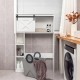 4-tier over-the-toilet storage cabinet in white with a sliding barn door, ideal for bathroom organization and easy.